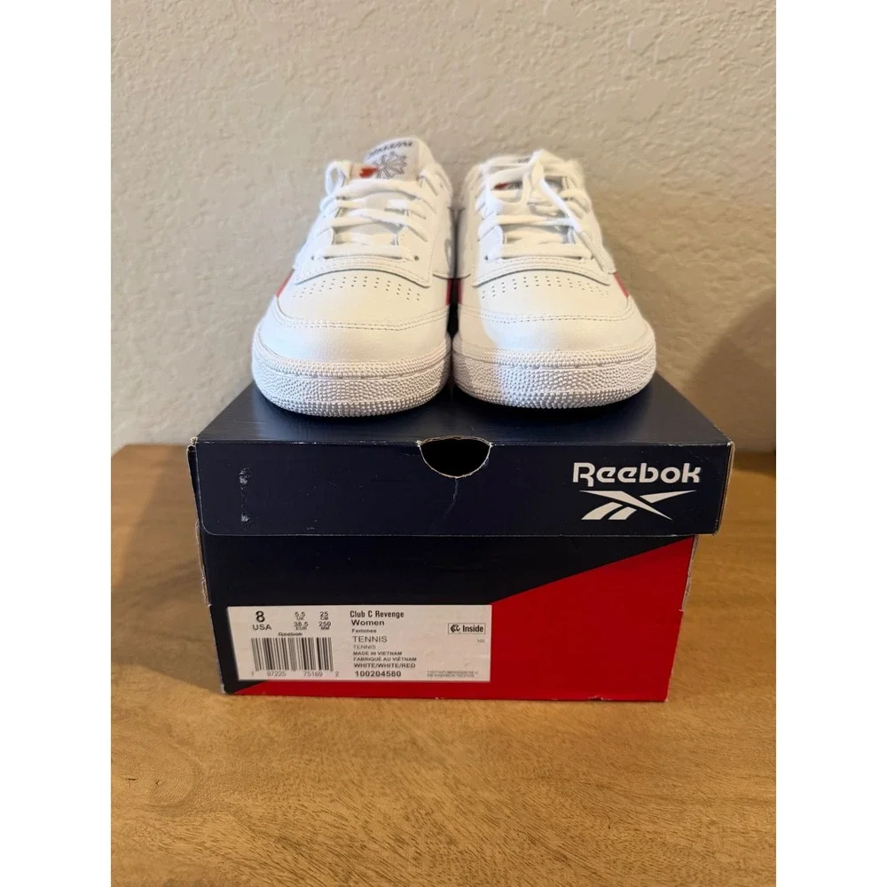 Reebok Club C Revenge Women Size 8 Tennis White Red Leather Low Top Sneakers